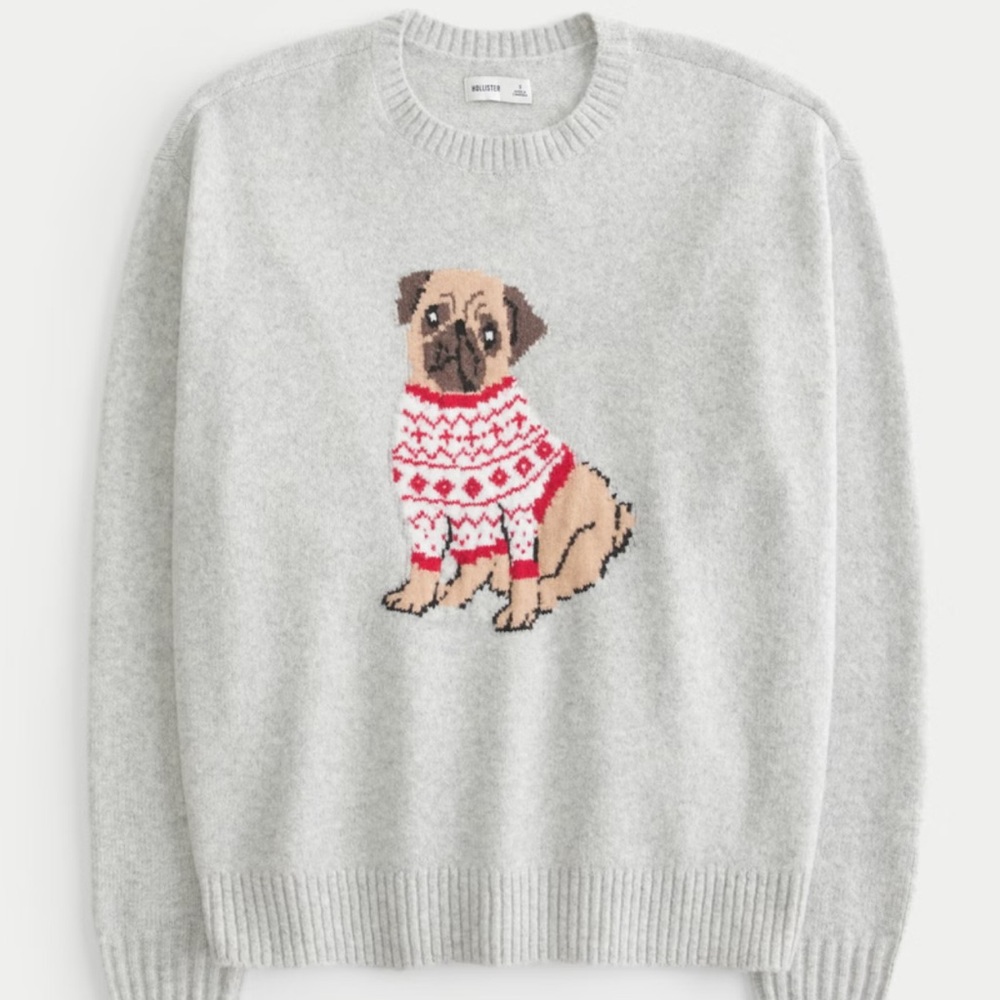 Hollister Light Gray Crewneck Sweater with Pug Motif